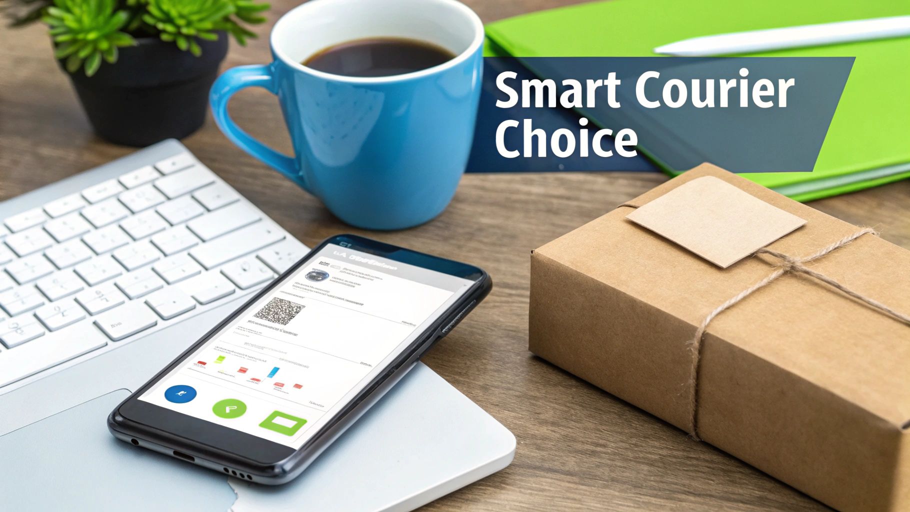 A desk with a smartphone showing a courier app, laptop, coffee, and a package, illustrating 'Smart Courier Choice'.