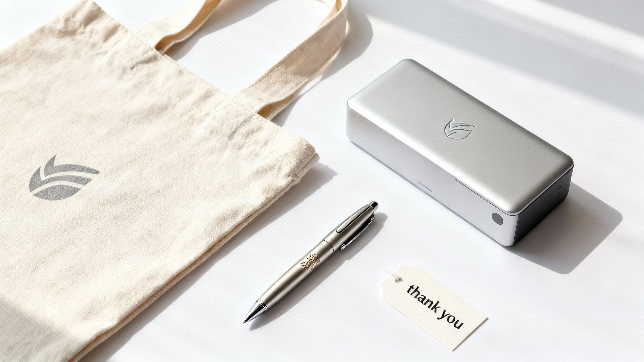A collection of branded merchandise including a tote bag, pen, silver device, and 'thank you' tag on a white surface.