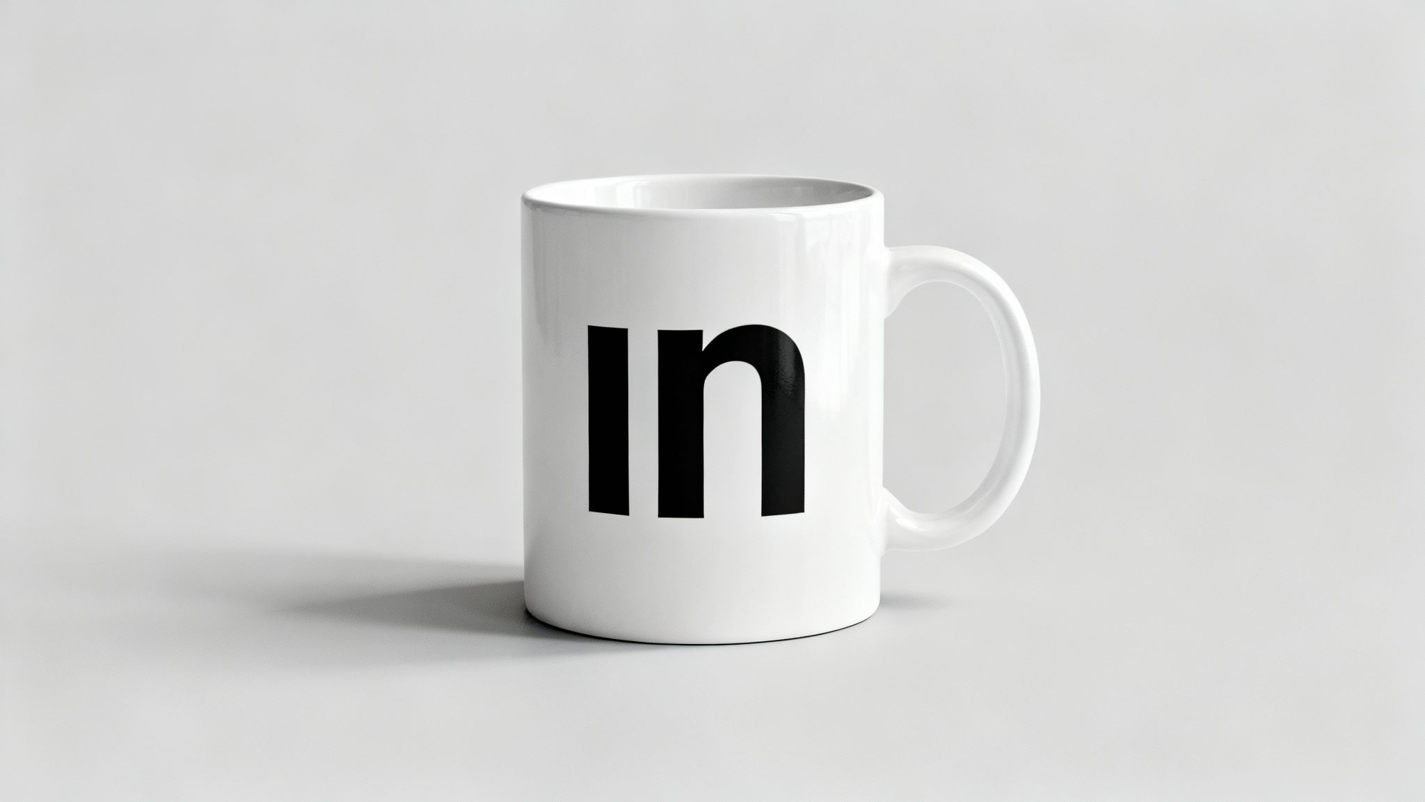 A white ceramic mug with a black 'in' logo, resembling LinkedIn, on a light grey background.