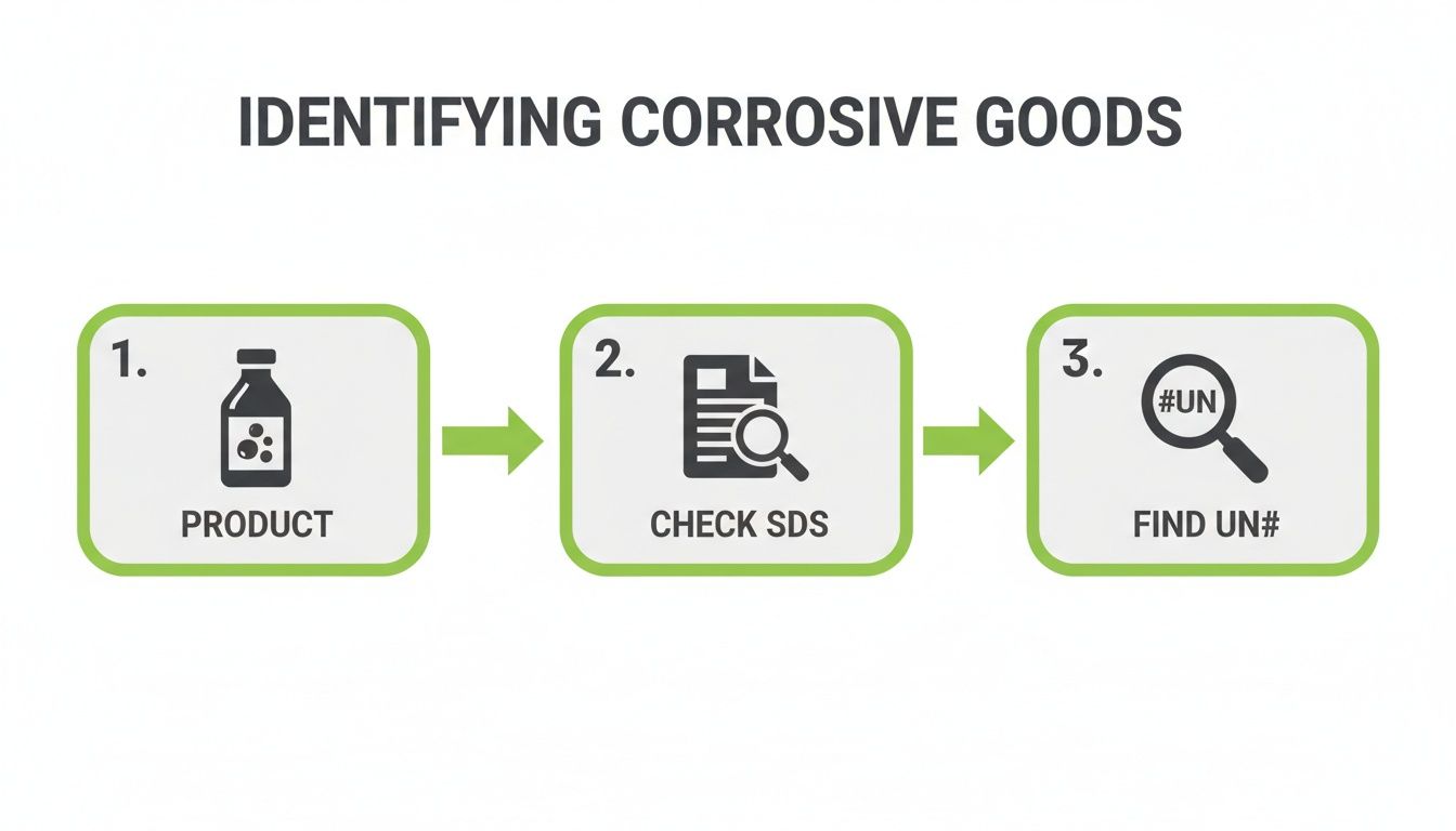 Flowchart showing three steps to identify corrosive goods: product, check SDS, find UN number.
