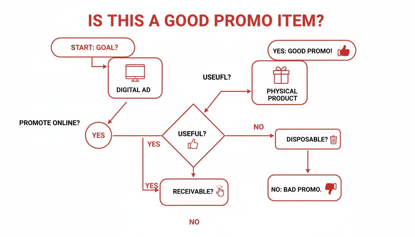 A flowchart illustrating the decision process for evaluating if an item is a good promotion, considering usefulness and disposability.