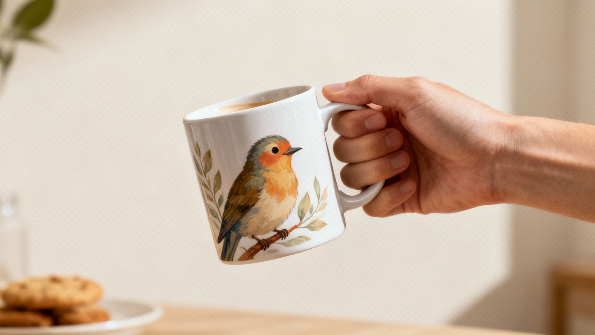 A hand holds a white coffee mug with a colorful robin bird illustration, filled with coffee. Cookies are visible in the background.
