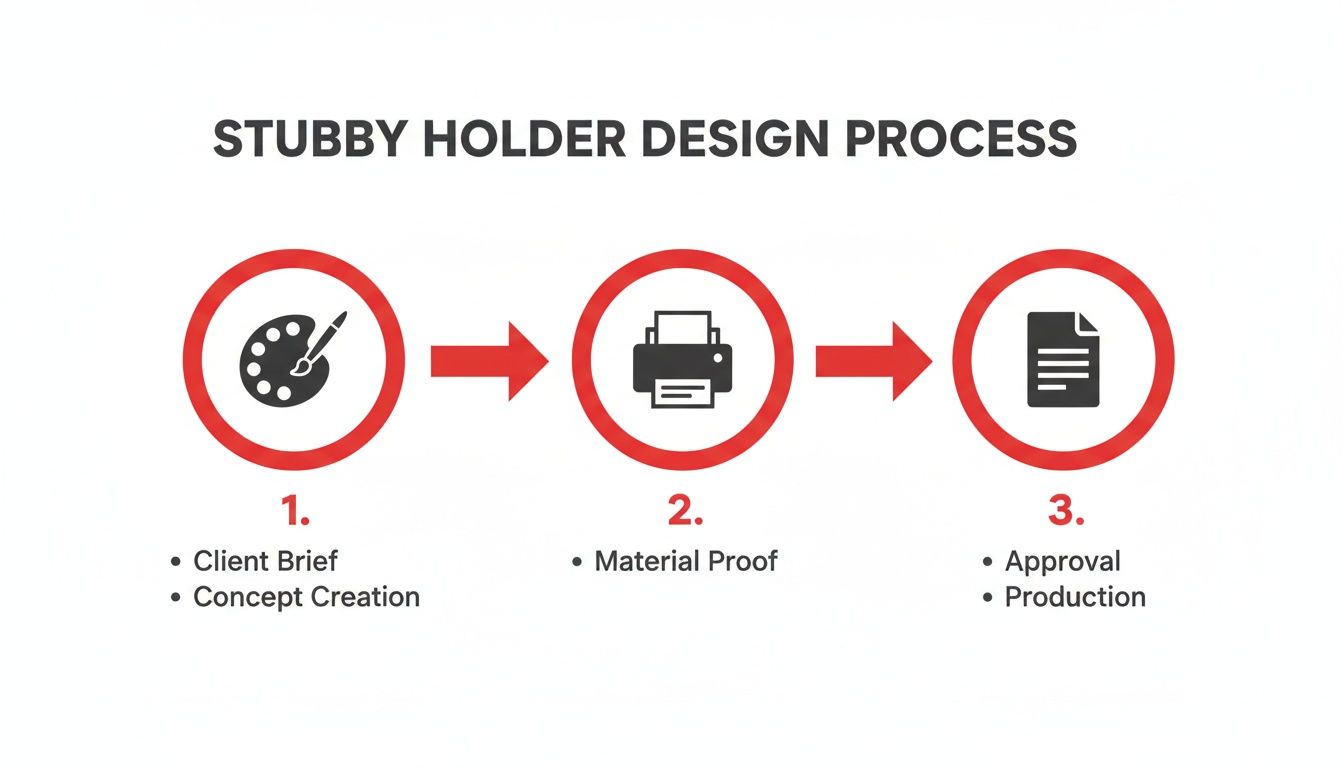A three-step diagram illustrating the stubby holder design process: client brief, material proof, and final production.
