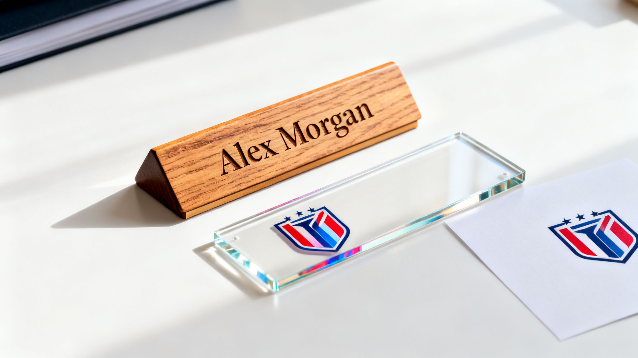 A wooden desk name plate with 'Alex Morgan' engraved, next to a clear plaque and logo print.