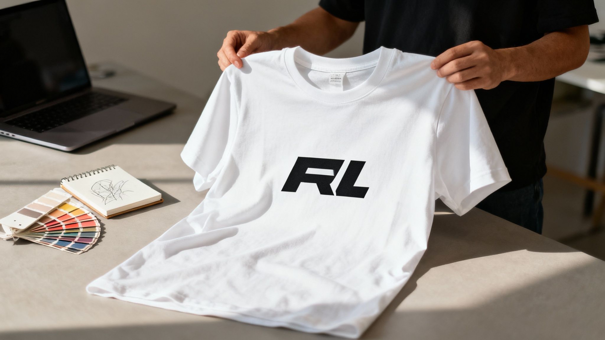 Designer holding white custom printed t-shirt with black RL logo above desk workspace