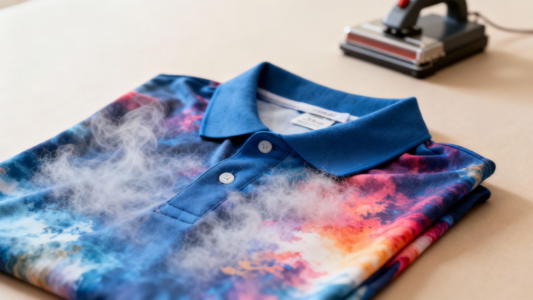 A colorful sublimated polo shirt with a blue collar is being steamed on a light surface.