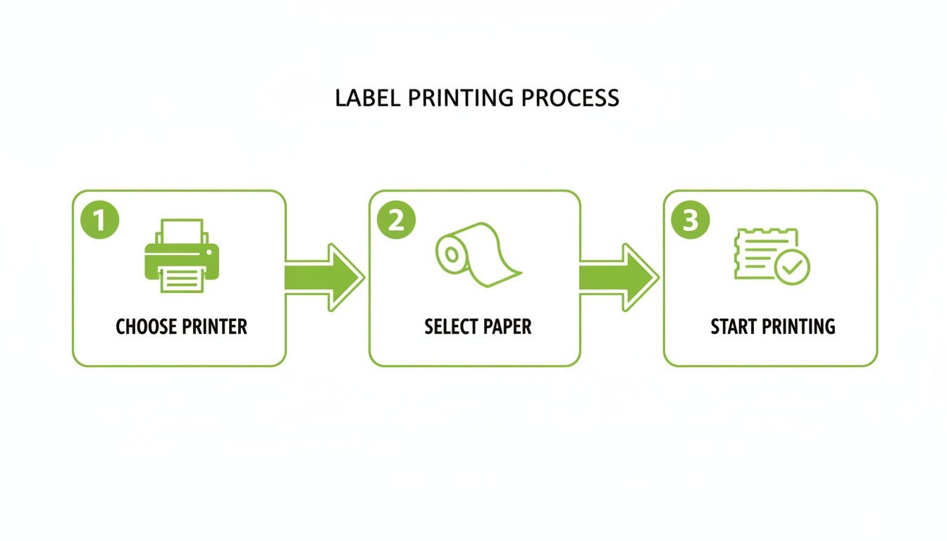 A three-step diagram illustrating the label printing process: choose printer, select paper, and start printing.
