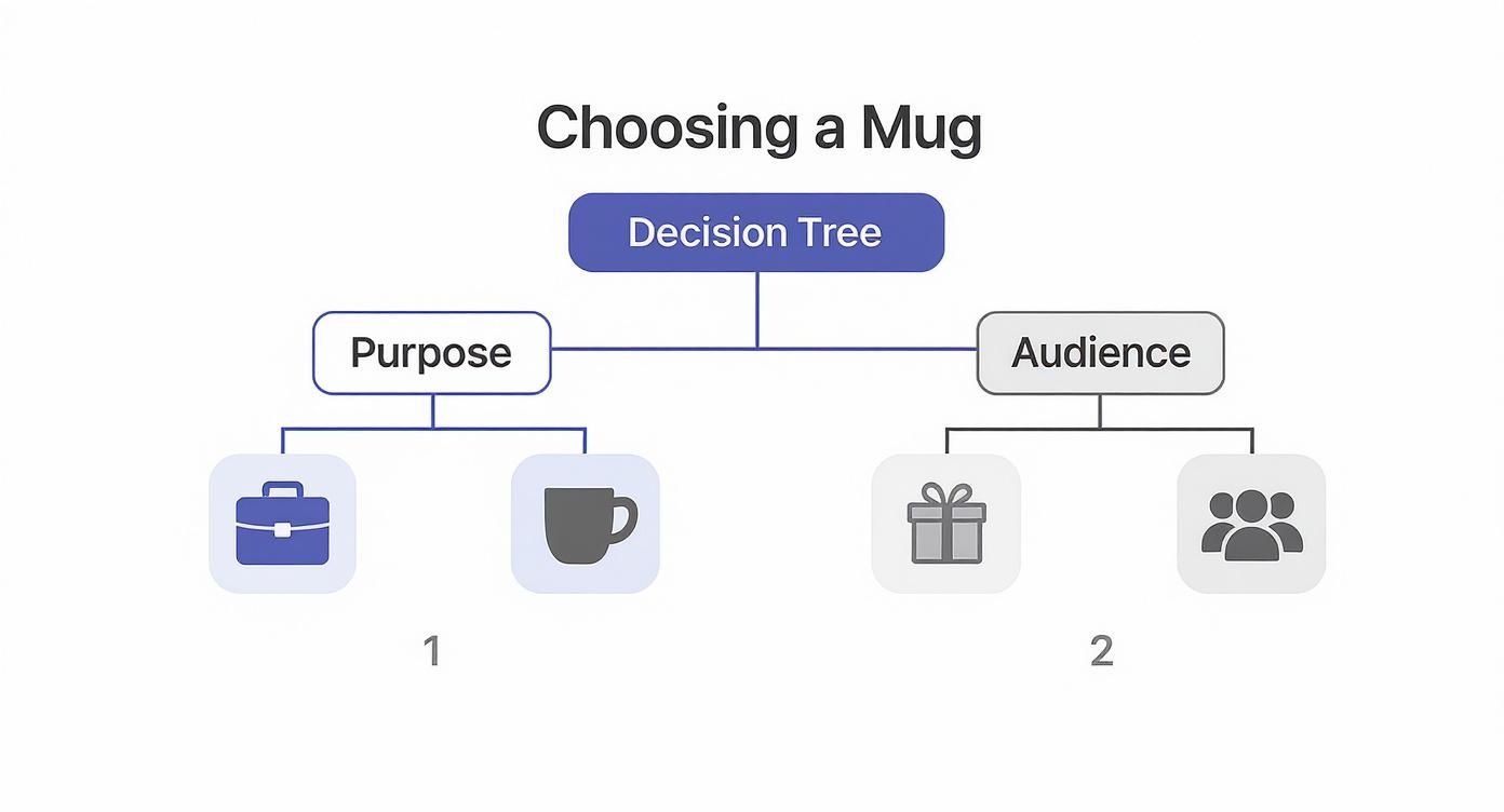A decision tree diagram for choosing a mug, considering purpose (work, personal use) and audience (gift, group).