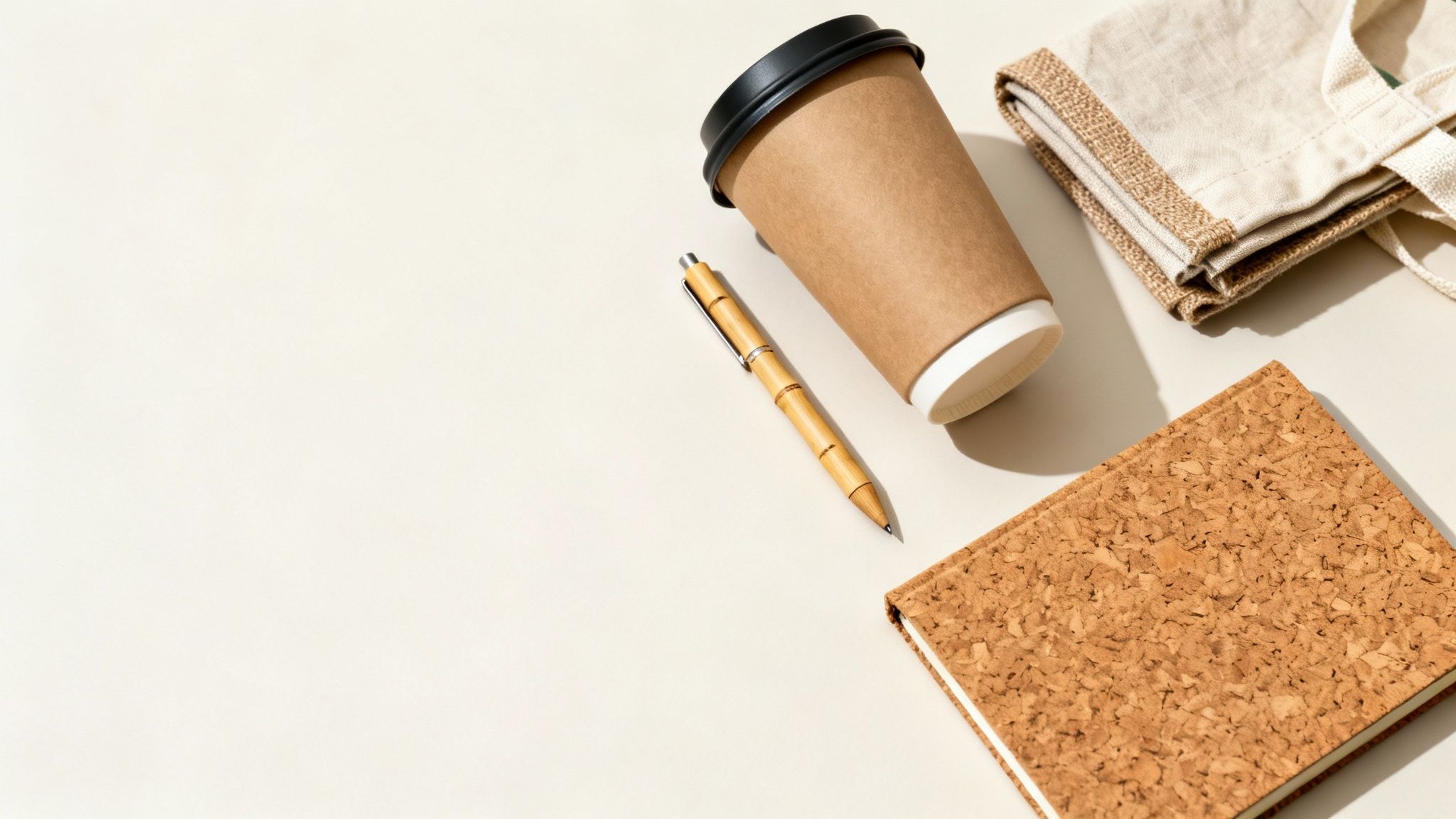 Overhead flat lay of eco-friendly items: paper coffee cup, bamboo pen, canvas bag, and cork notebook on a light background.