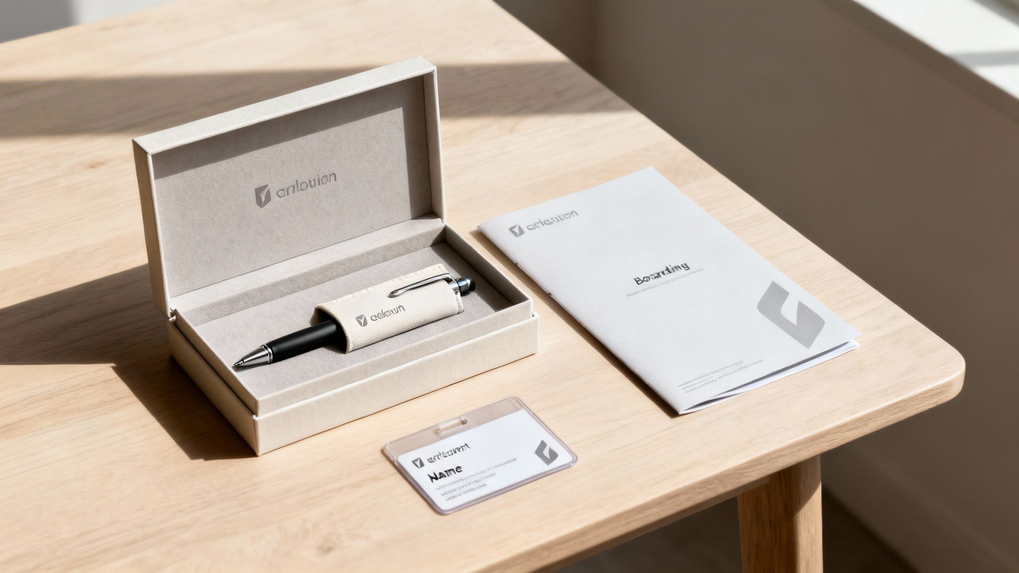 Promotional pens and branded merchandise set on a wooden table, featuring a pen, brochure, and name tag.