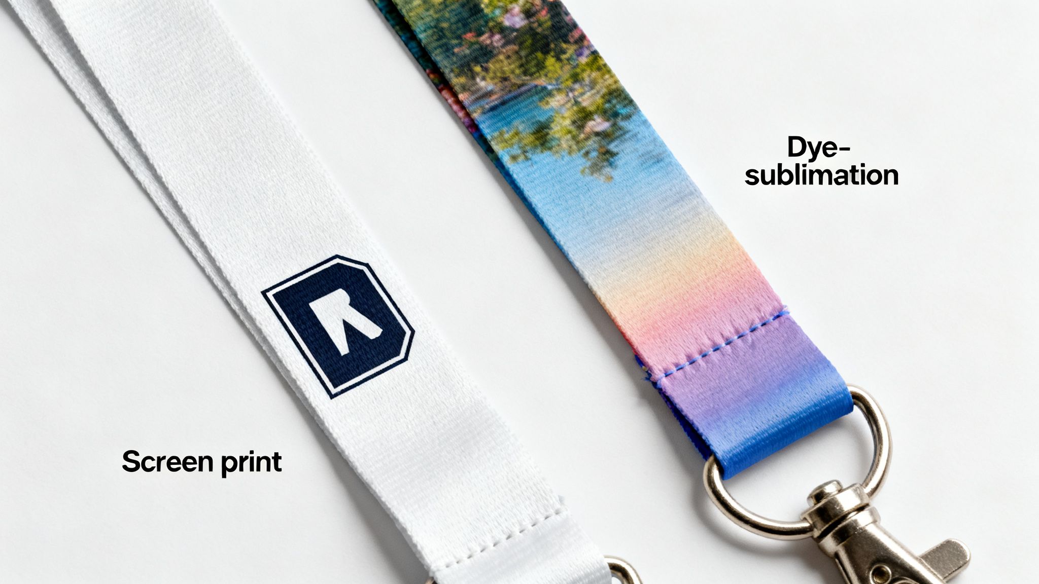 Close-up of two lanyards, one screen-printed white with a logo, the other dye-sublimated with a colorful scenic design.