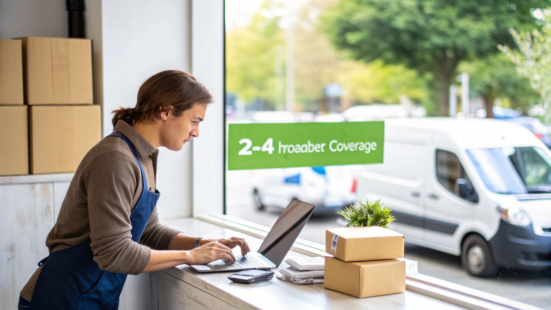 A small business owner in an apron typing on a laptop with delivery boxes on the counter.