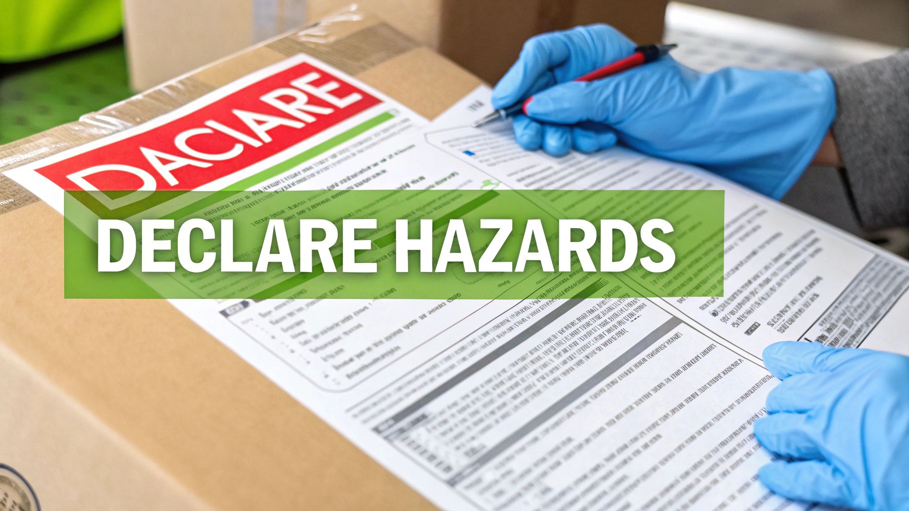 A person wearing gloves carefully placing a warning label on a cardboard box.