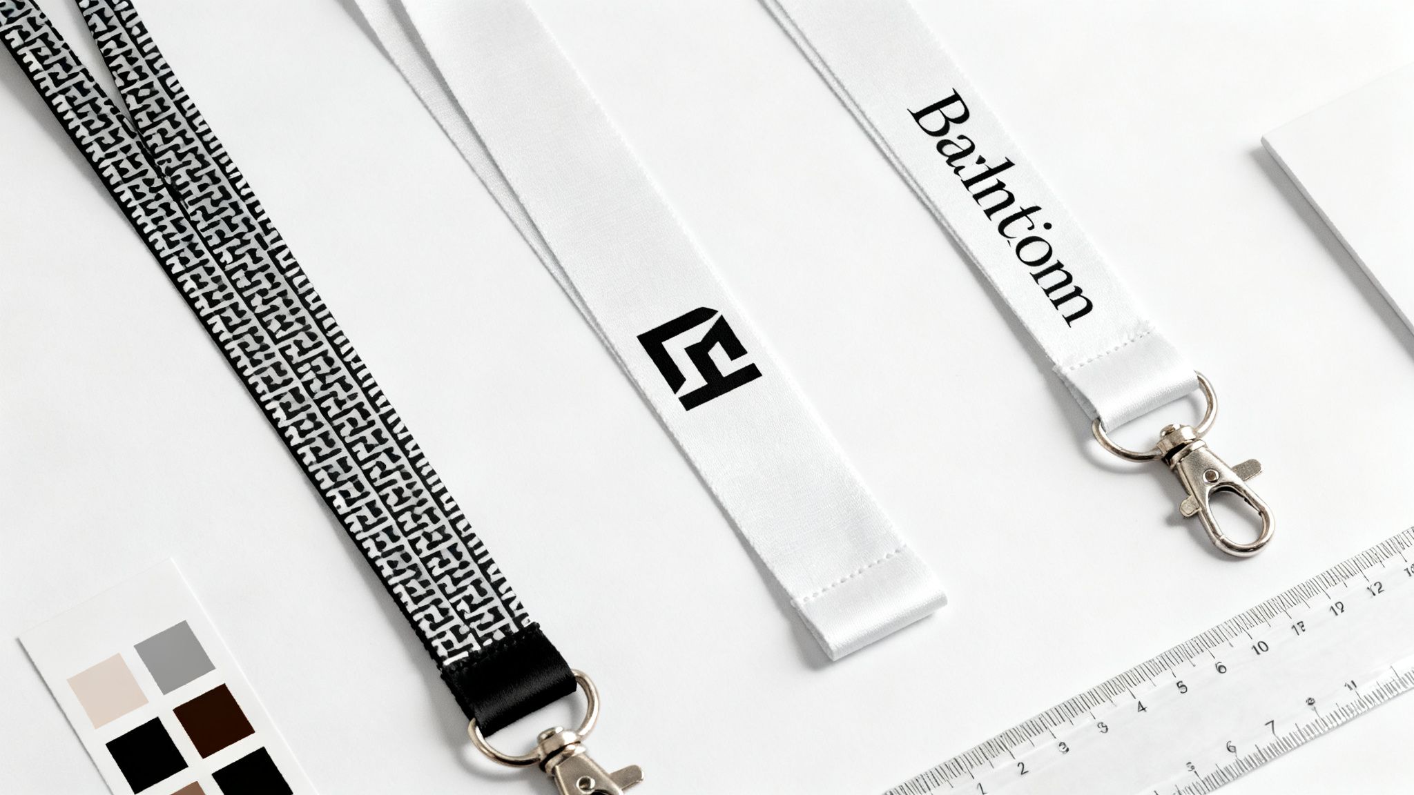 Three custom white and black lanyards with different designs, a color palette, and a ruler.