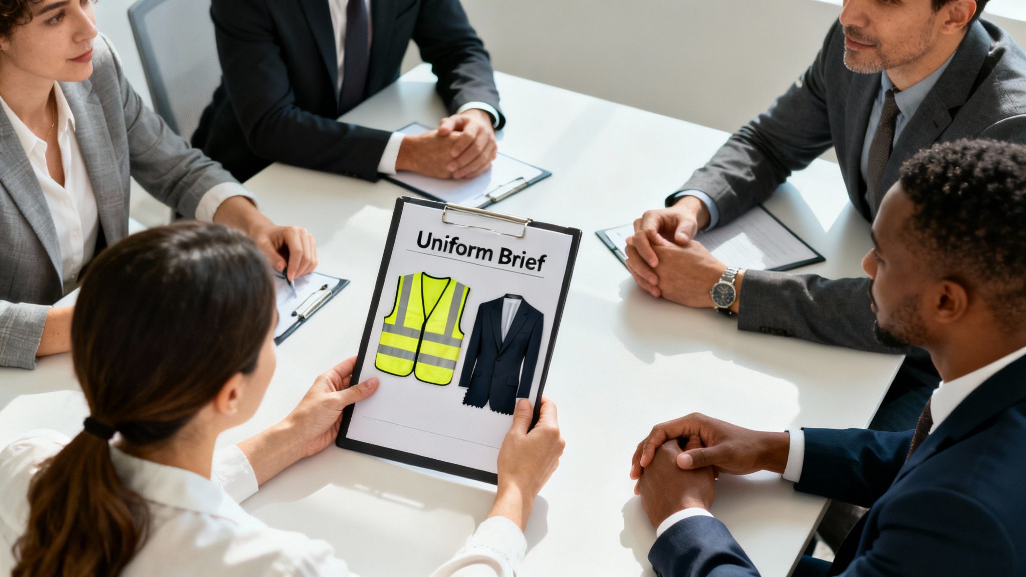 A group of business people in a meeting discussing a uniform brief showing a safety vest and a suit.