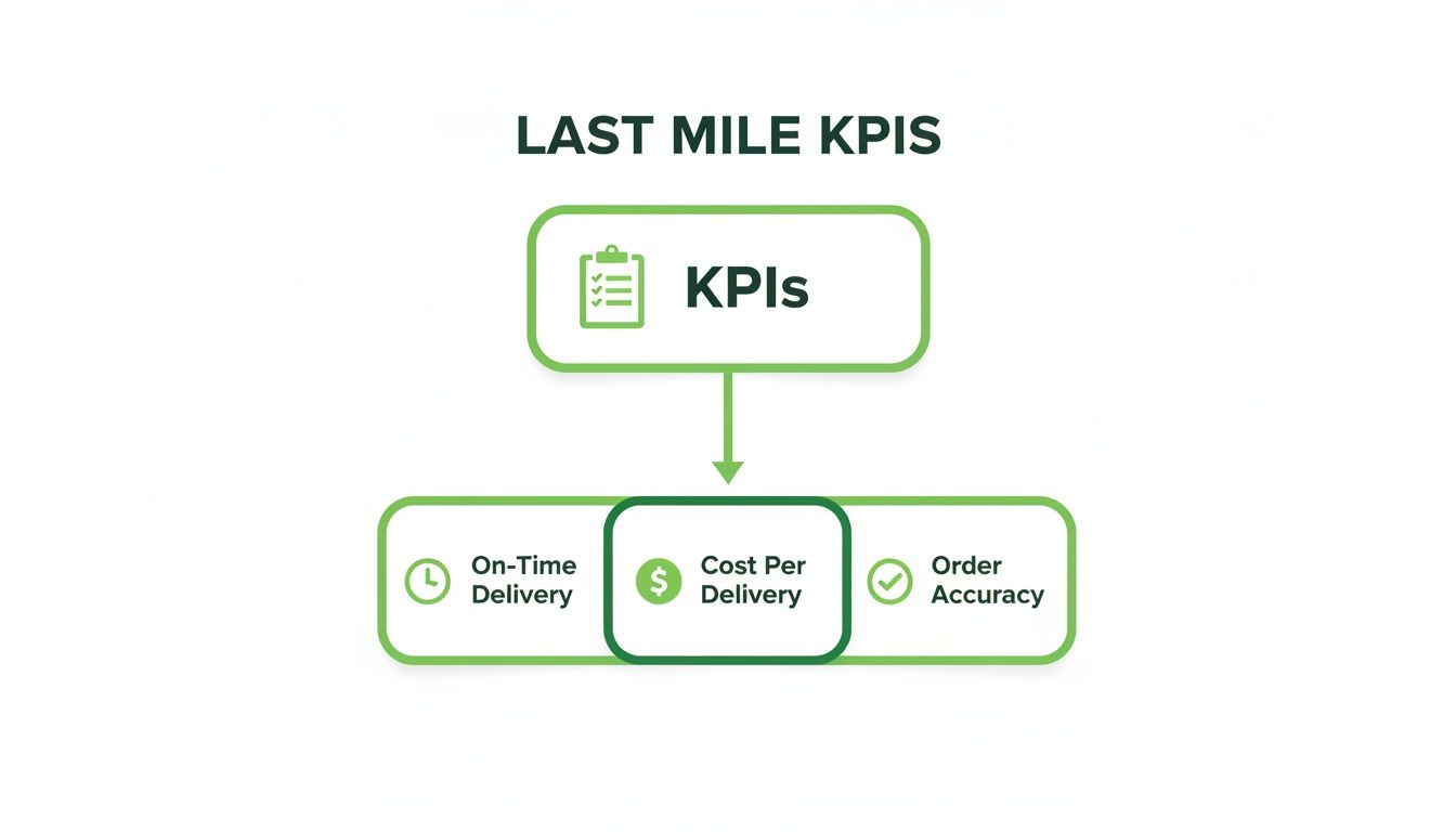 A flowchart illustrating key performance indicators (KPIs) for last mile delivery, including cost and on-time metrics.