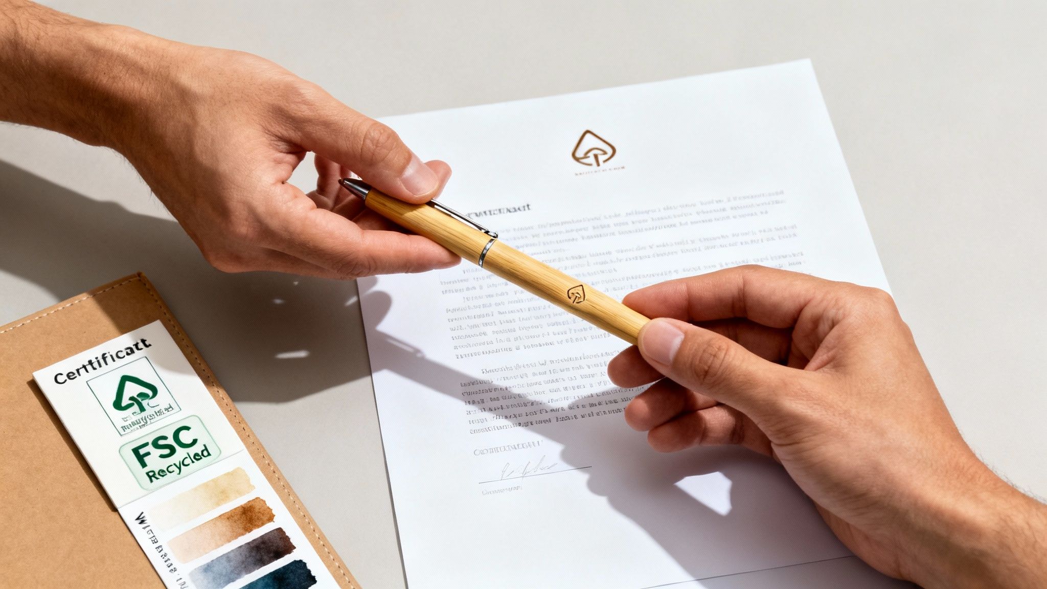 Hands exchange a bamboo pen over an official document, with an FSC Recycled certificate visible.