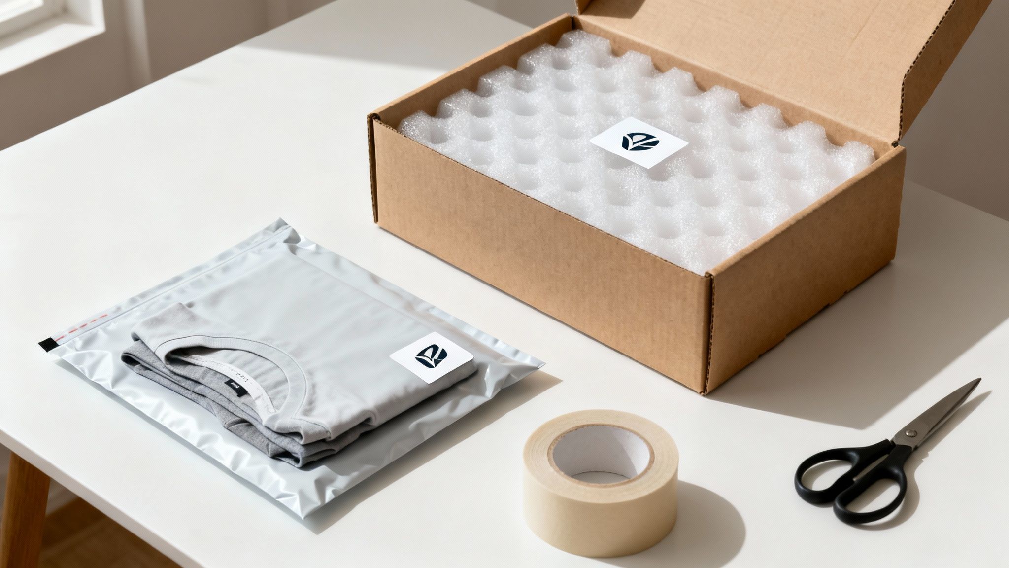 Packaging a product for shipping with a cardboard box, t-shirts in a mailer, tape, and scissors.