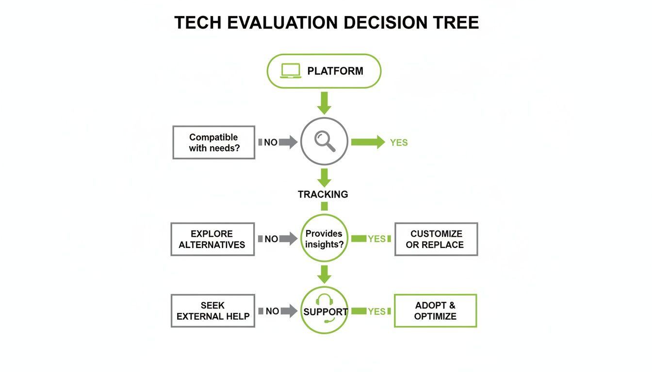 A tech evaluation decision tree flowchart outlining steps from platform assessment to adoption or optimization.