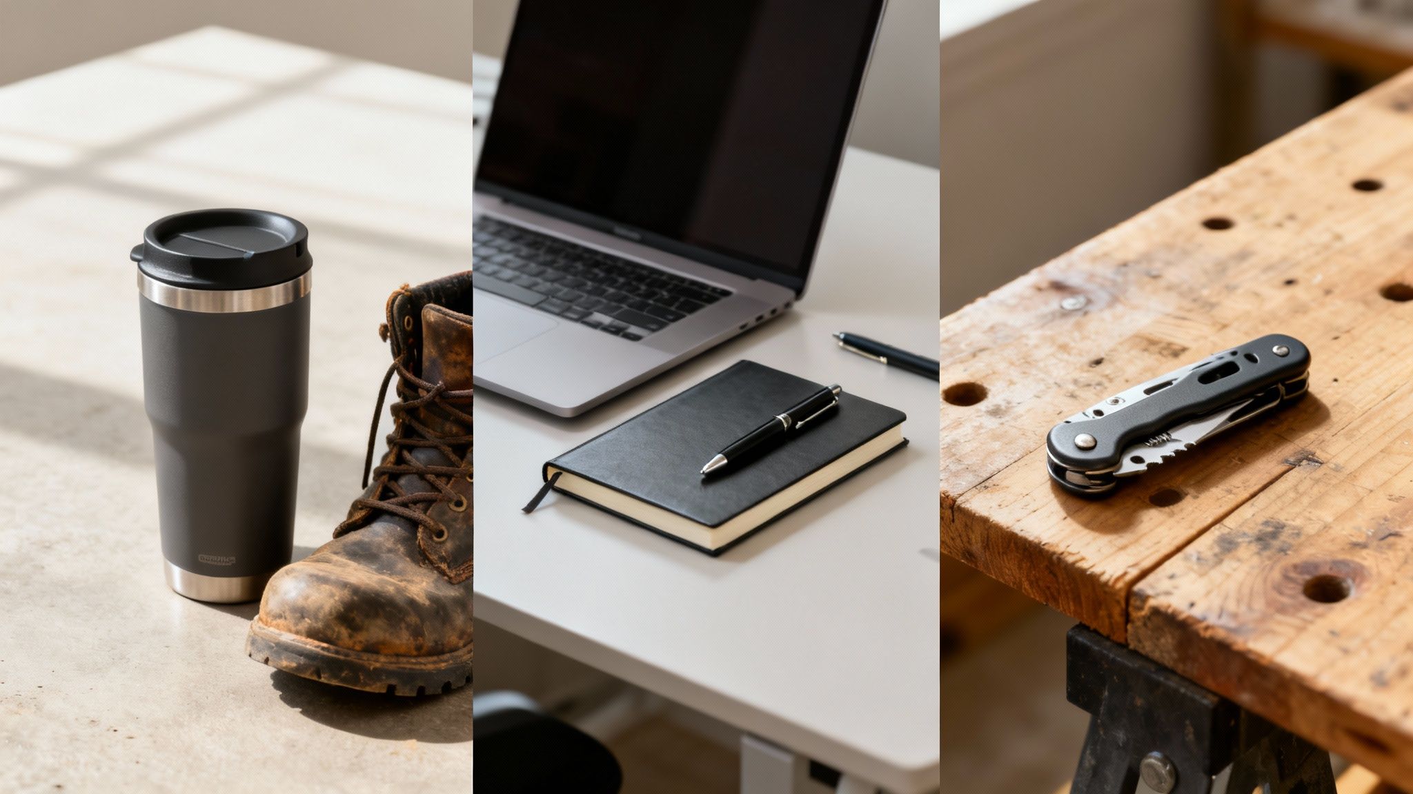 A segmented image showing a travel mug, work boot, laptop, notebook, pens, and a multi-tool.