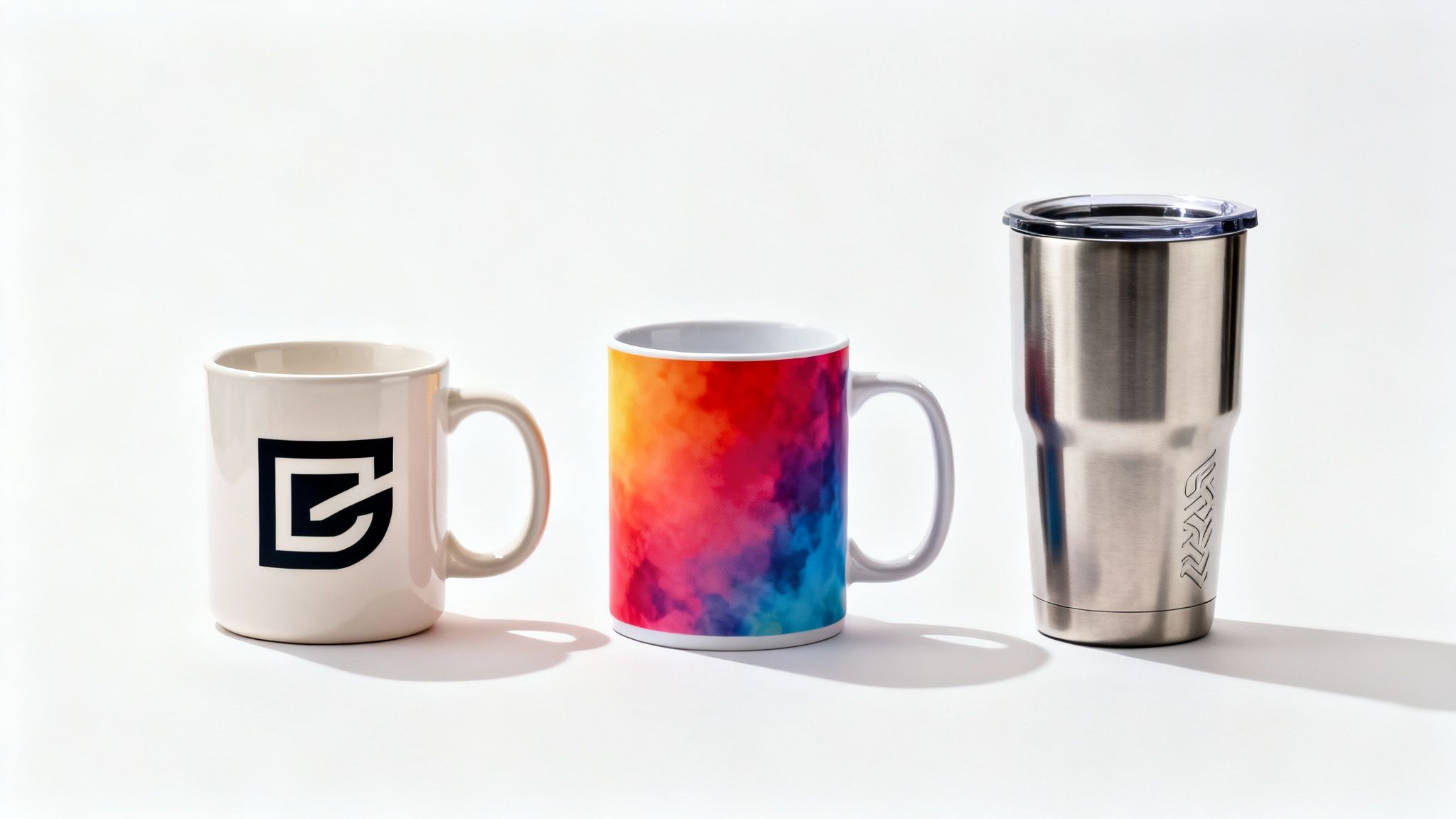A white logo mug, a vibrant custom mug, and a stainless steel tumbler side-by-side.