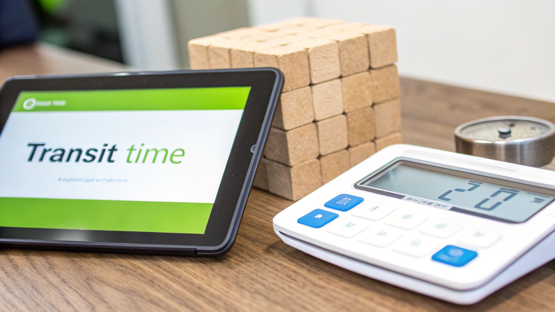 A tablet displaying 'Transit time' next to a calculator and wooden blocks on a desk.