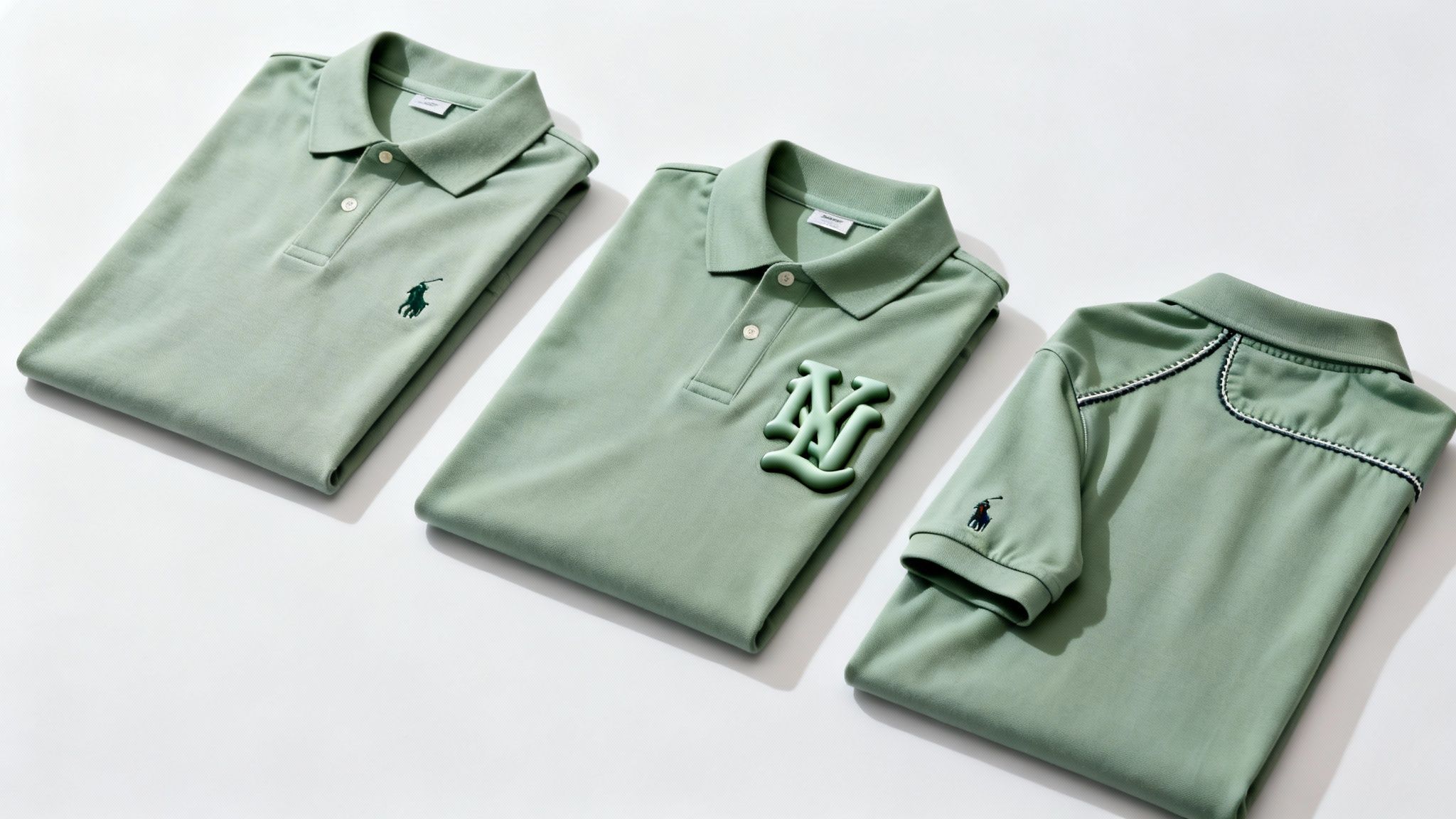 Three folded light green polo shirts, featuring different embroidered logos and unique design details.