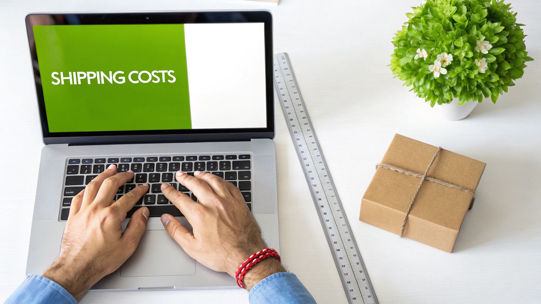 Hands typing on a laptop with 'SHIPPING COSTS' displayed on the screen, next to a parcel box.