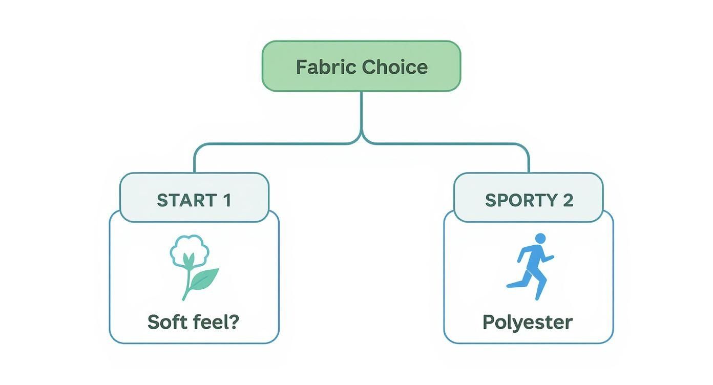 A flowchart presenting fabric choices, differentiating between cotton for a soft feel and polyester for sporty activities.