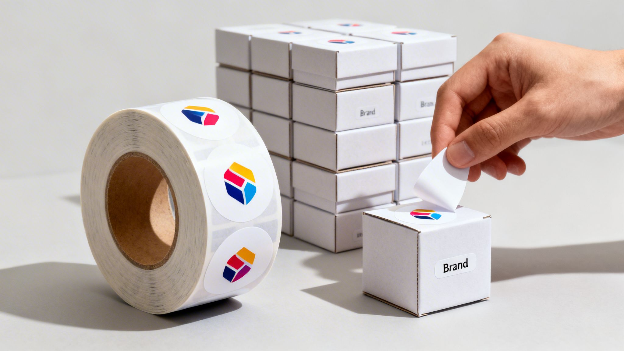 A hand applies a colorful logo sticker from a roll onto a small white box, with more boxes stacked behind.