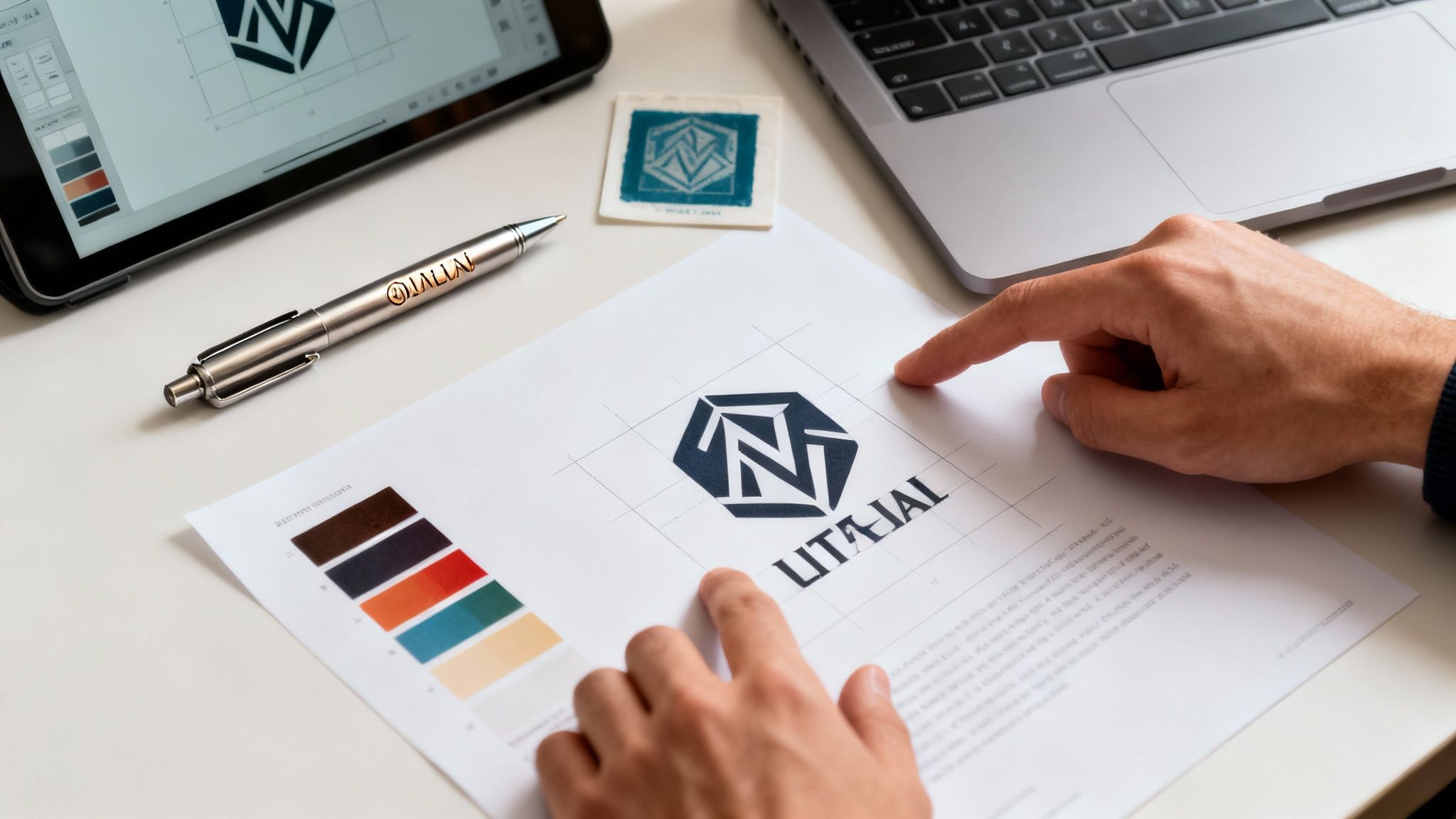 Close-up of hands reviewing a company logo and color palette on a document with a branded pen.