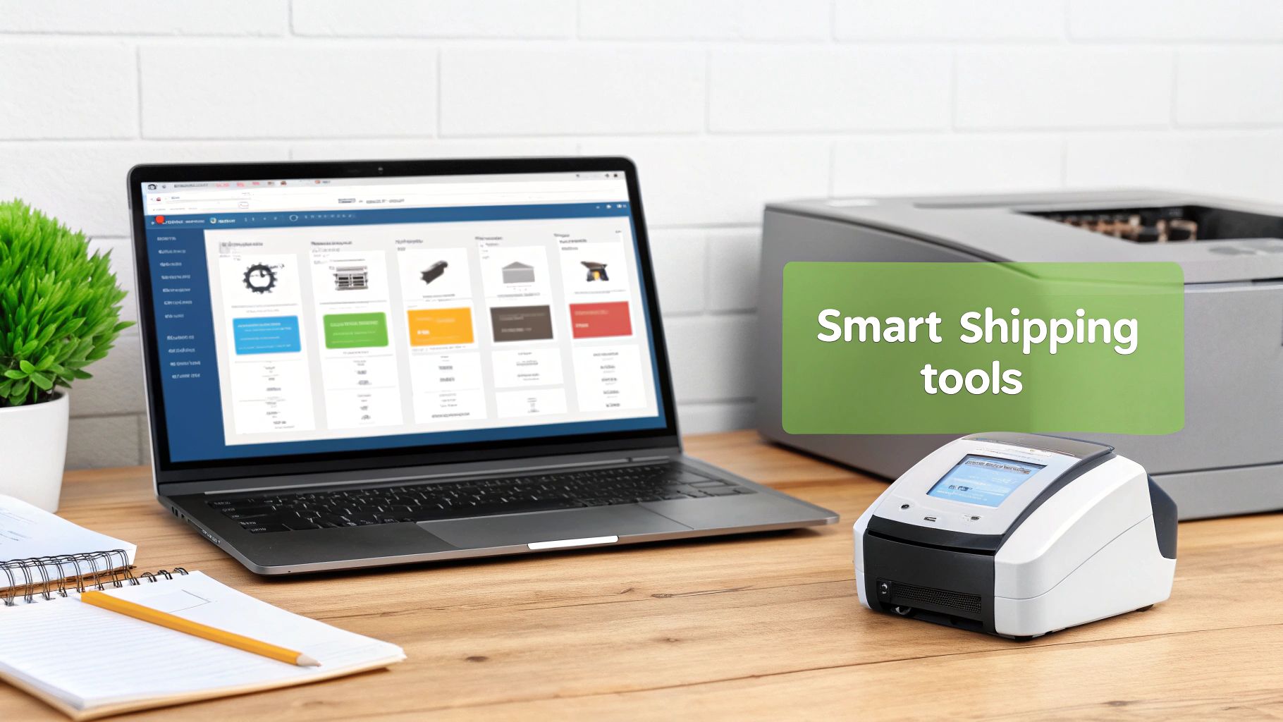 A desk with a laptop, shipping scale, and printer, highlighting smart shipping tools.