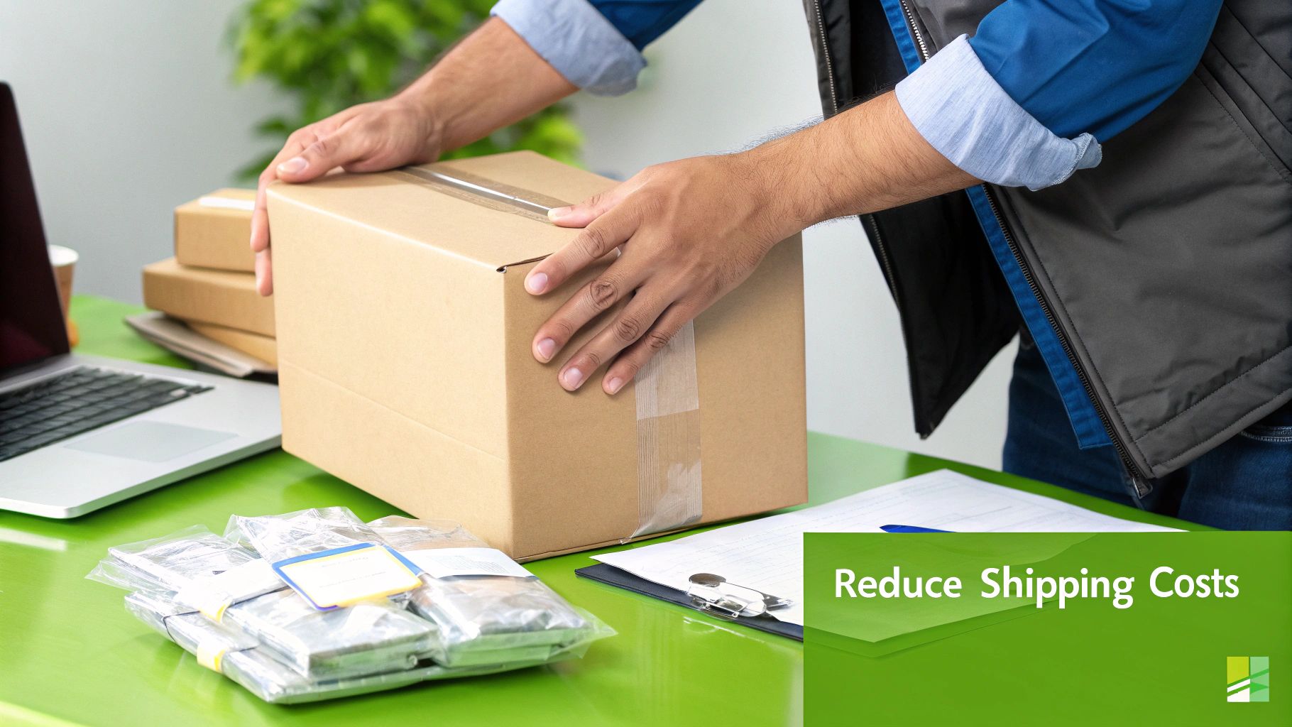 Person packing a brown cardboard box on a green desk, preparing packages for shipping.