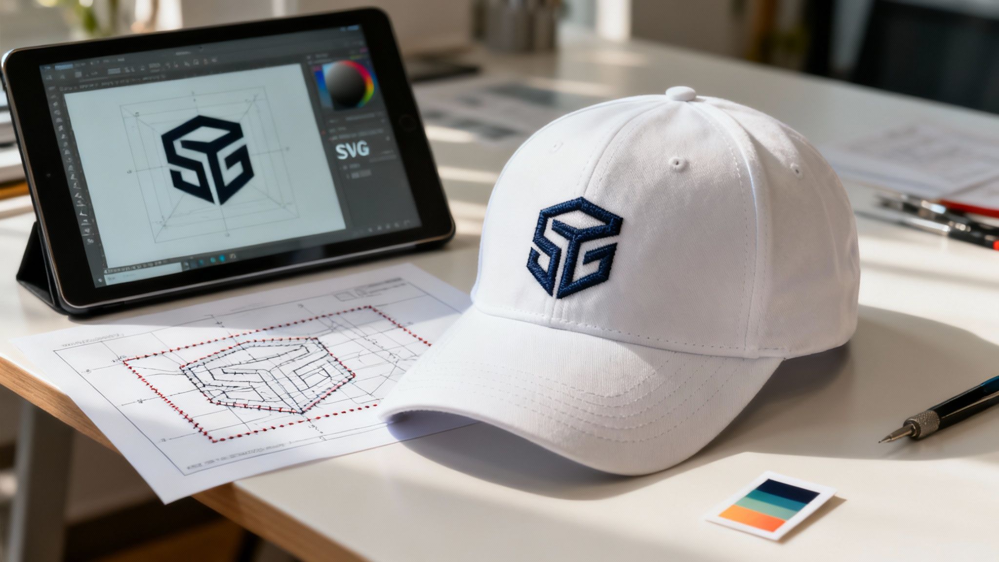 White embroidered cap with custom logo design displayed next to digital tablet showing design software