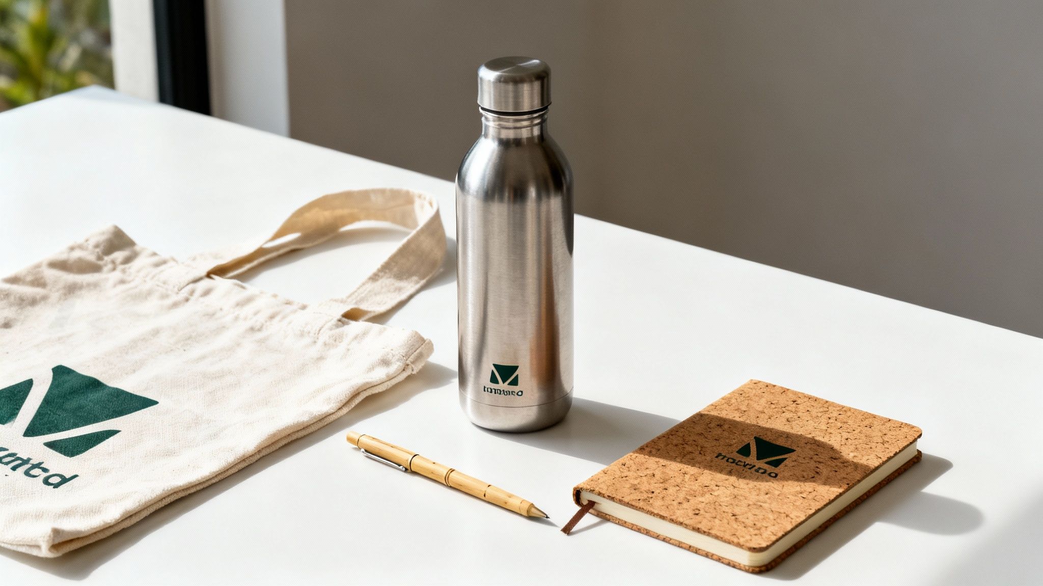 Eco-friendly promotional items: a tote bag, metal water bottle, cork notebook, and wooden pen.