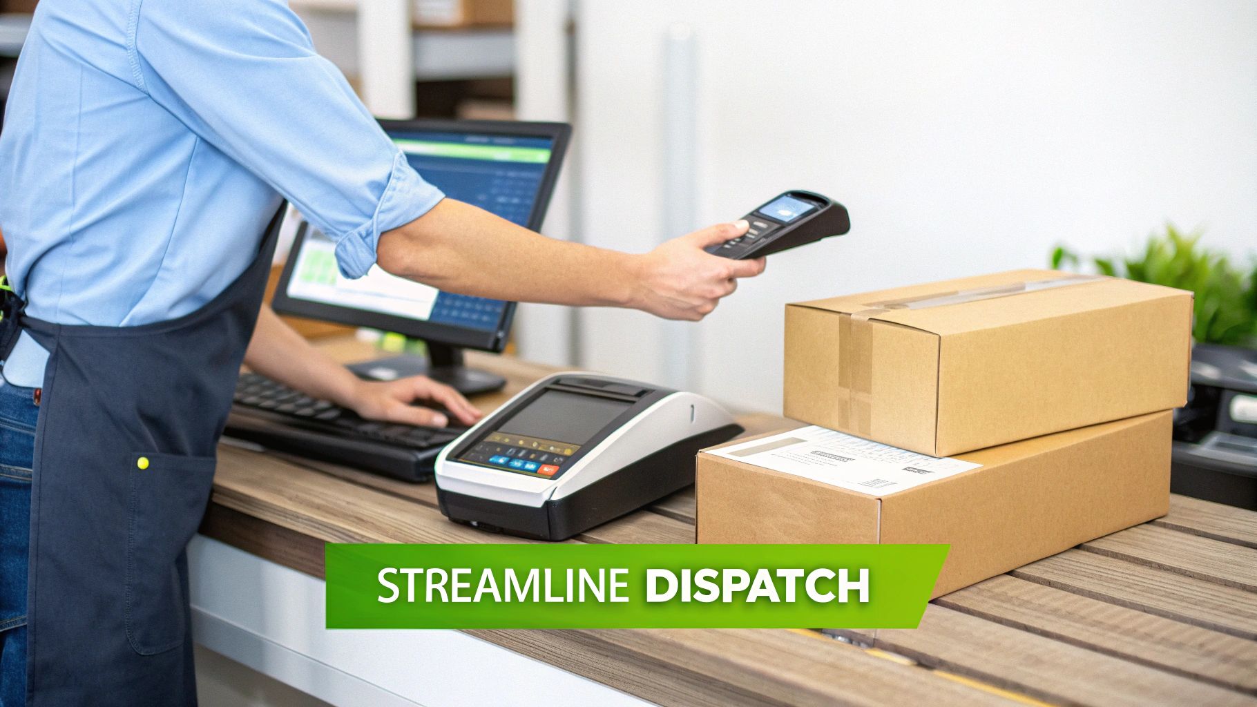 Close-up of a worker scanning a package for dispatch on a wooden counter with a computer.
