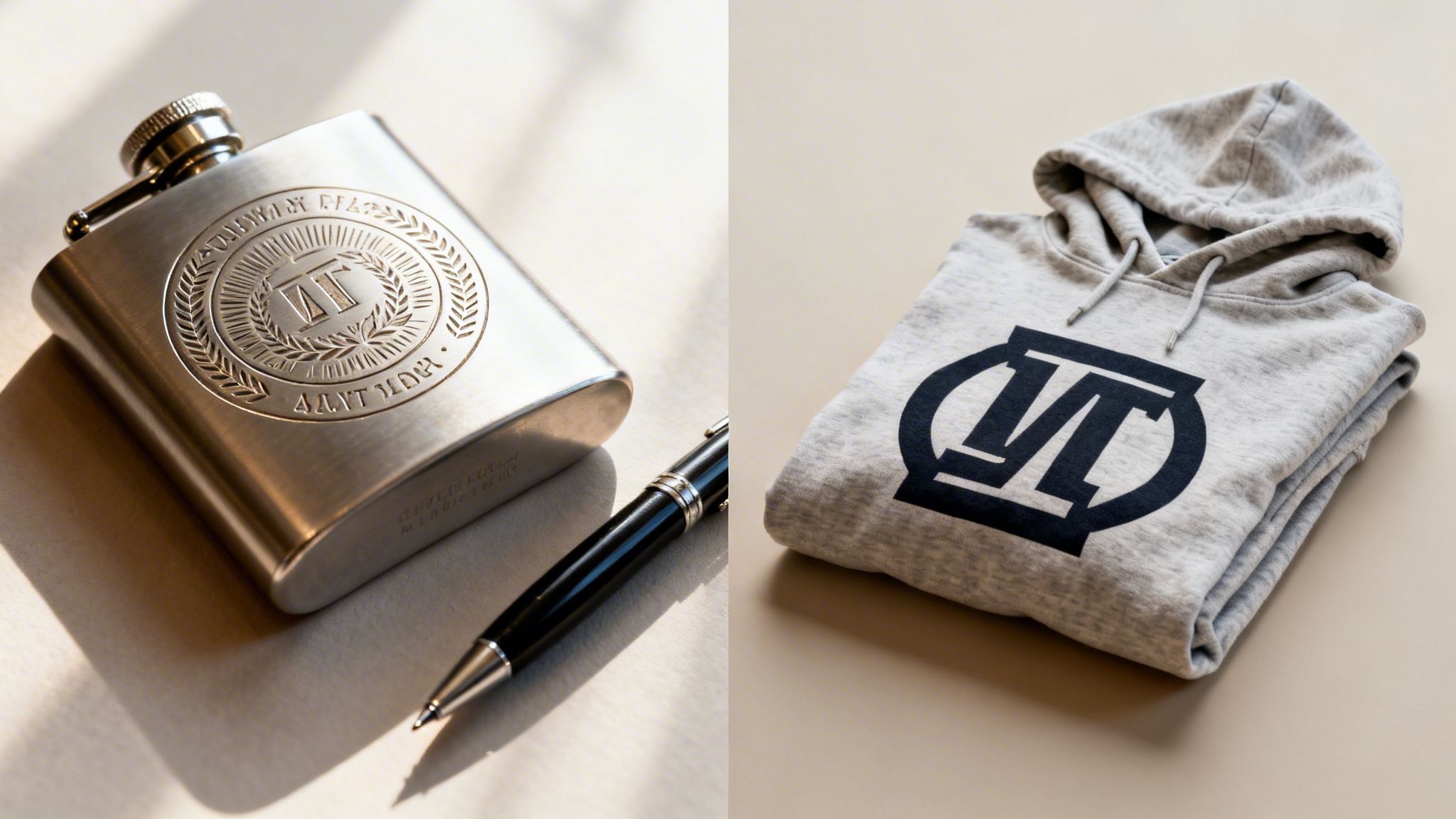 A silver hip flask with a pen and a folded grey hoodie, both displaying a brand logo.