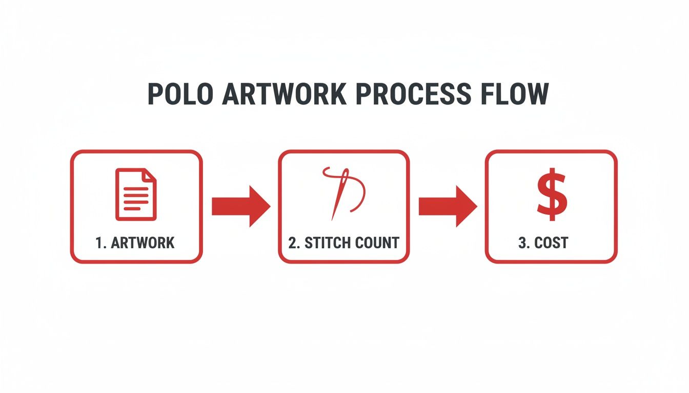 A process flow diagram illustrating the three steps for polo artwork: artwork submission, stitch count, and cost calculation.