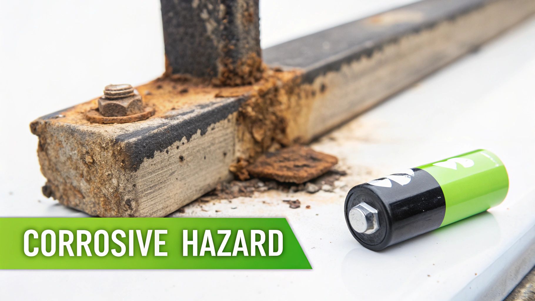 Close-up of severely corroded metal structure with a loose bolt, a battery, and a 'CORROSIVE HAZARD' banner.