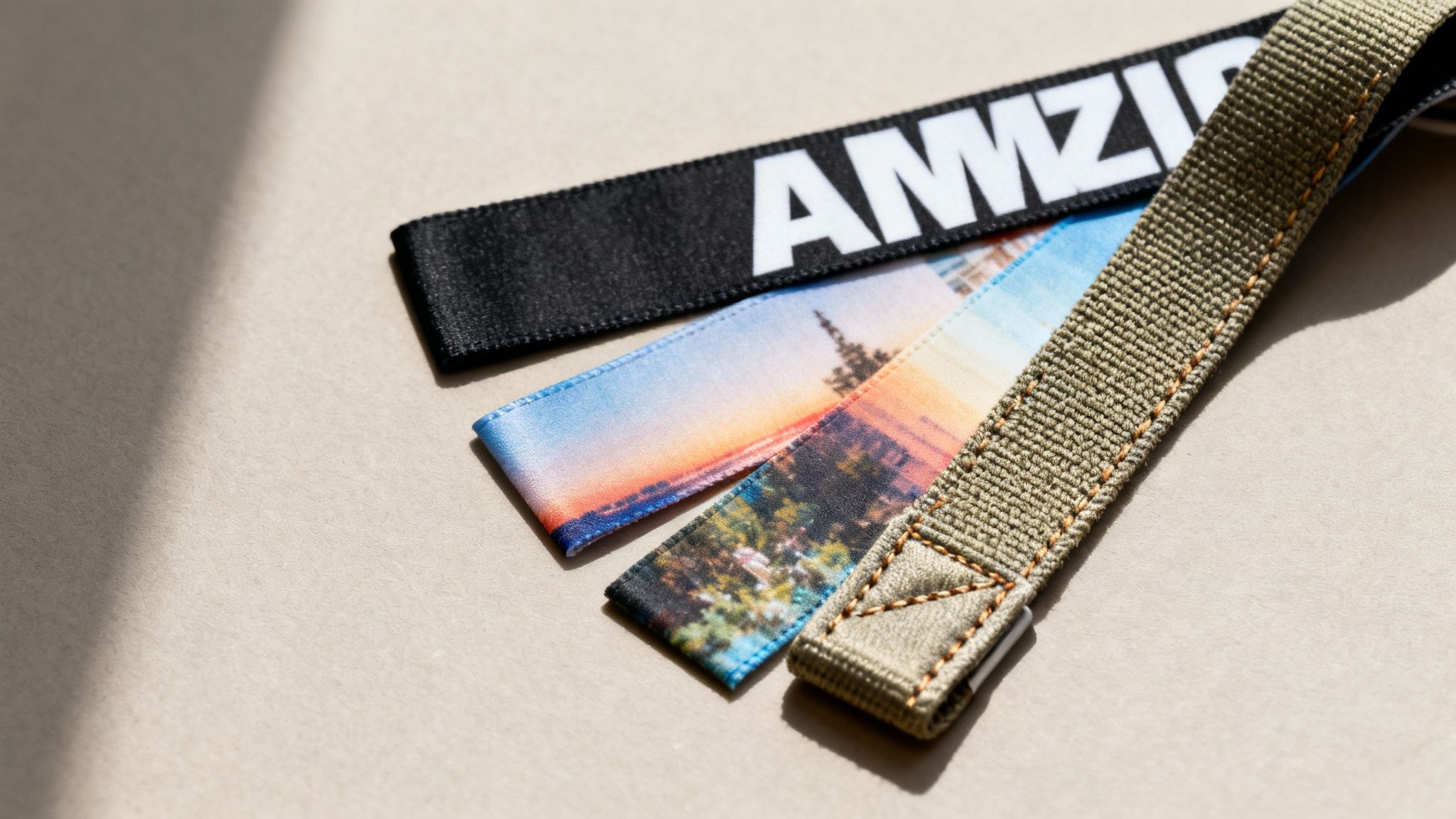 Three different patterned straps and lanyards, including one with 'AMMZIG' text, displayed on a light surface.