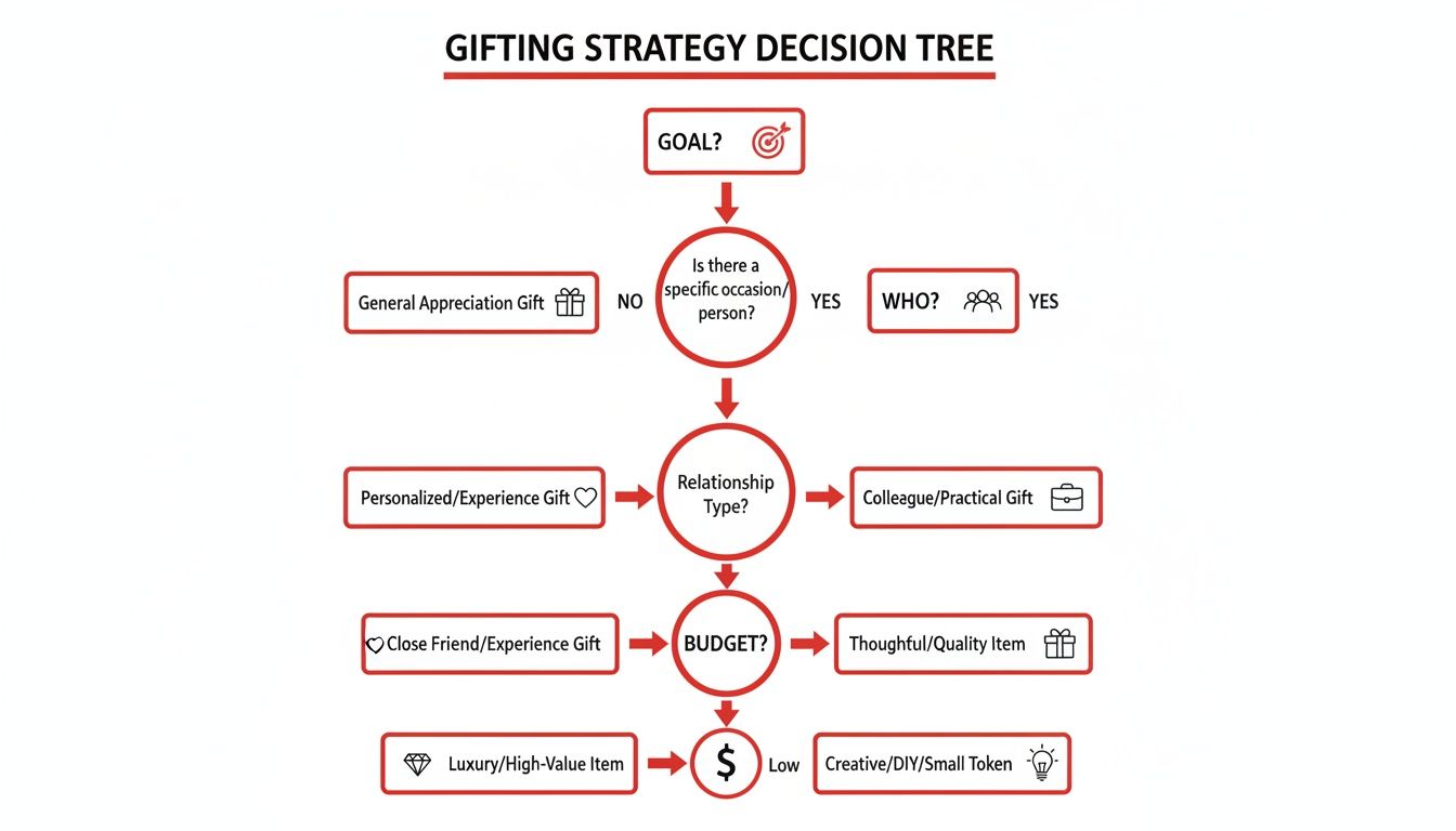 A gifting strategy decision tree flow chart guiding gift choices based on occasion, relationship, and budget.