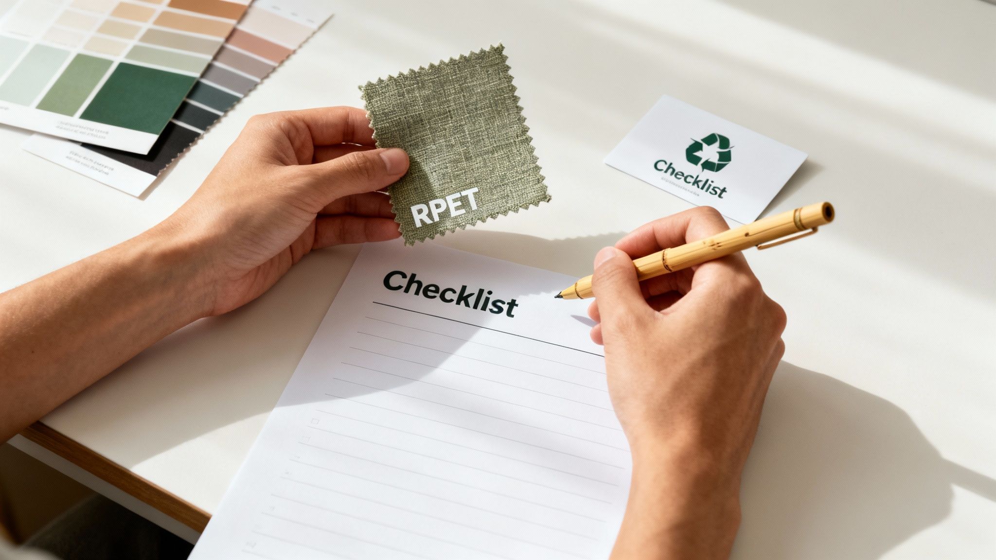 Hands holding an RPET fabric swatch and a bamboo pen over a checklist, with a color palette nearby.
