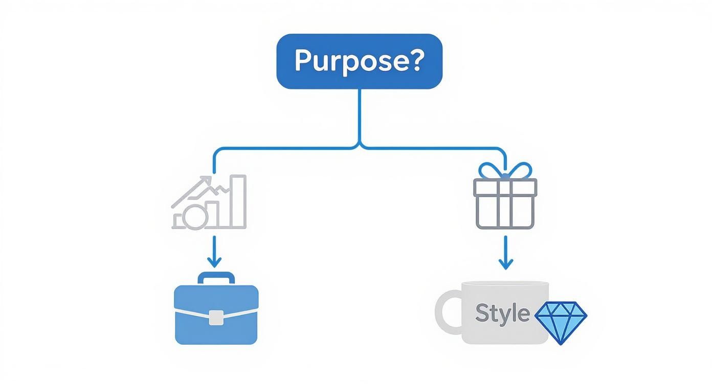 A diagram asking 'Purpose?' branching into business growth (briefcase) or personal style (mug, diamond).