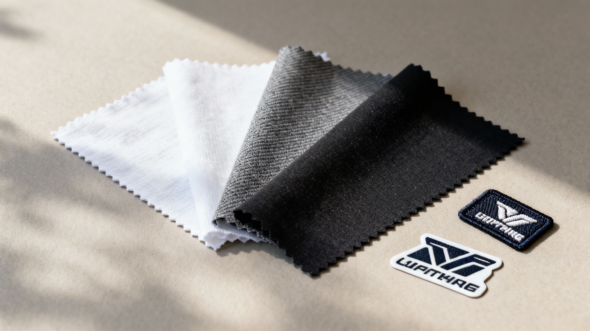 Three fabric swatches in white, gray, and black, alongside two embroidered logo patches.
