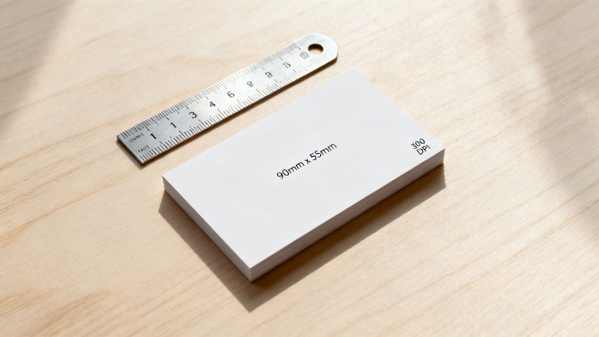 A stack of white business cards showing dimensions and DPI, next to a metal ruler on wood.