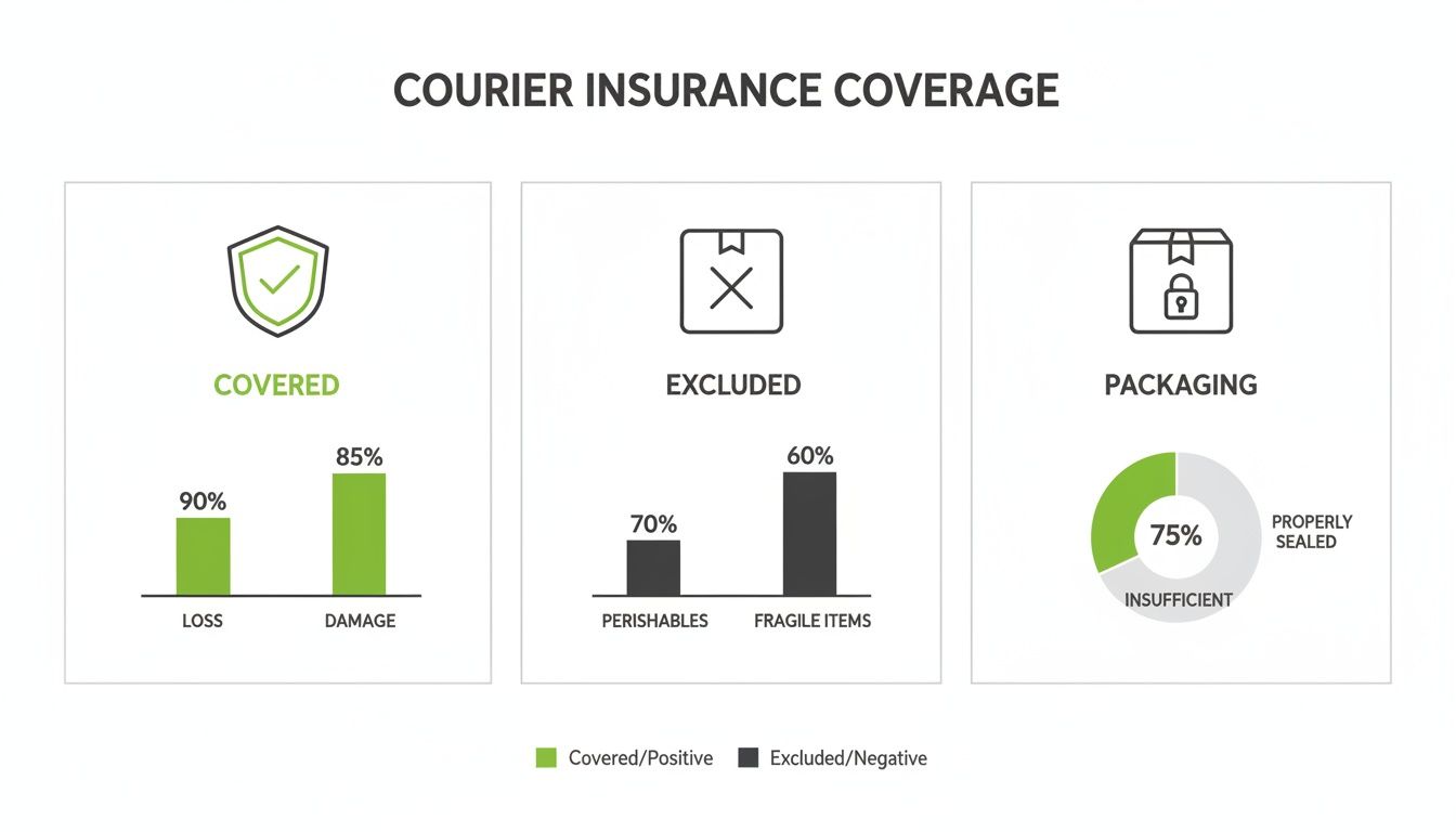 Infographic showing courier insurance coverage, including details on covered items, exclusions, and packaging.