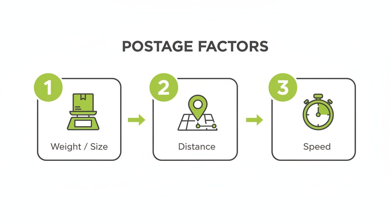 An infographic showing three factors affecting postage cost: weight/size, distance, and speed.