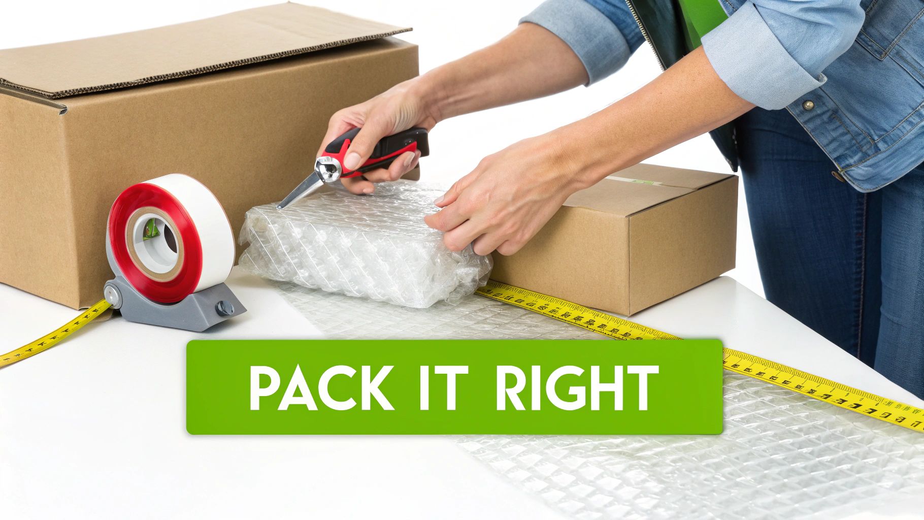 Hands packing an item with bubble wrap and a utility knife, surrounded by boxes and tape.