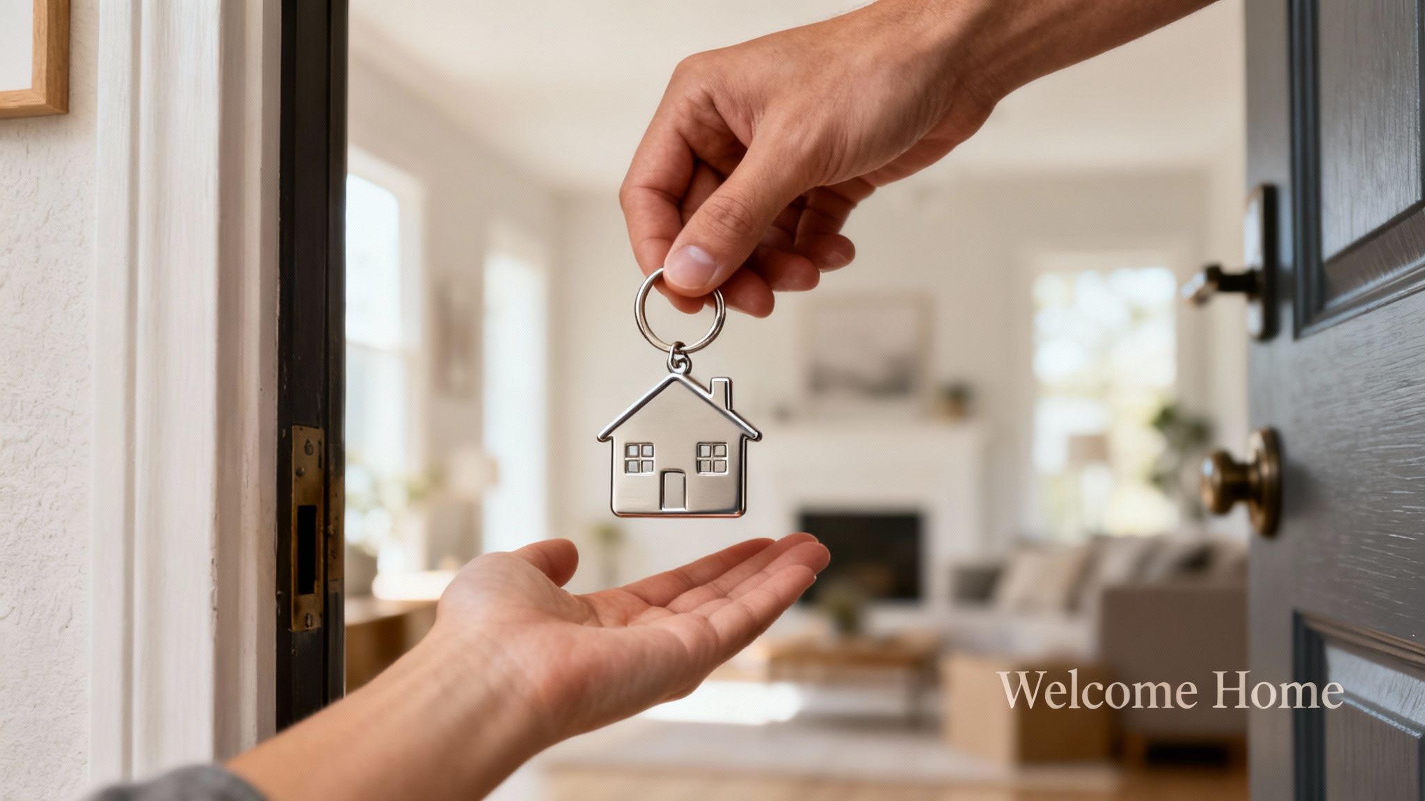 A hand passing a silver house-shaped keyring to another hand, symbolizing new home ownership.