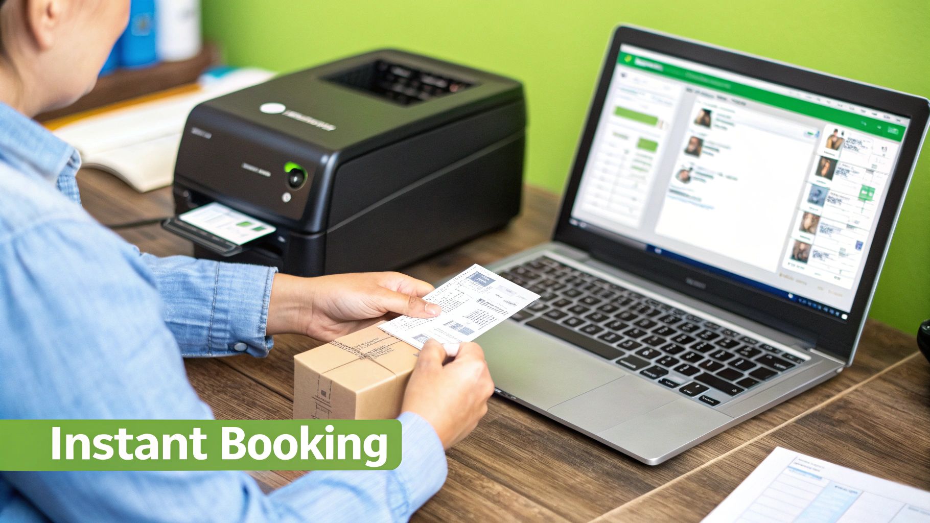 Person attaching a shipping label to a package next to a printer and laptop.